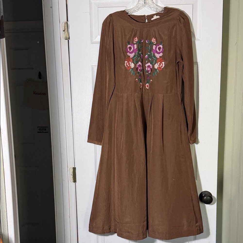 ODDY Brown Long Sleeve Dress with Floral Embroidery